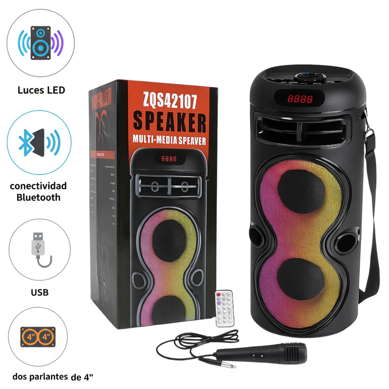 Parlante Portátil SPEAKER ZQS-42107 Bluetooth con Luces LED + Micrófono