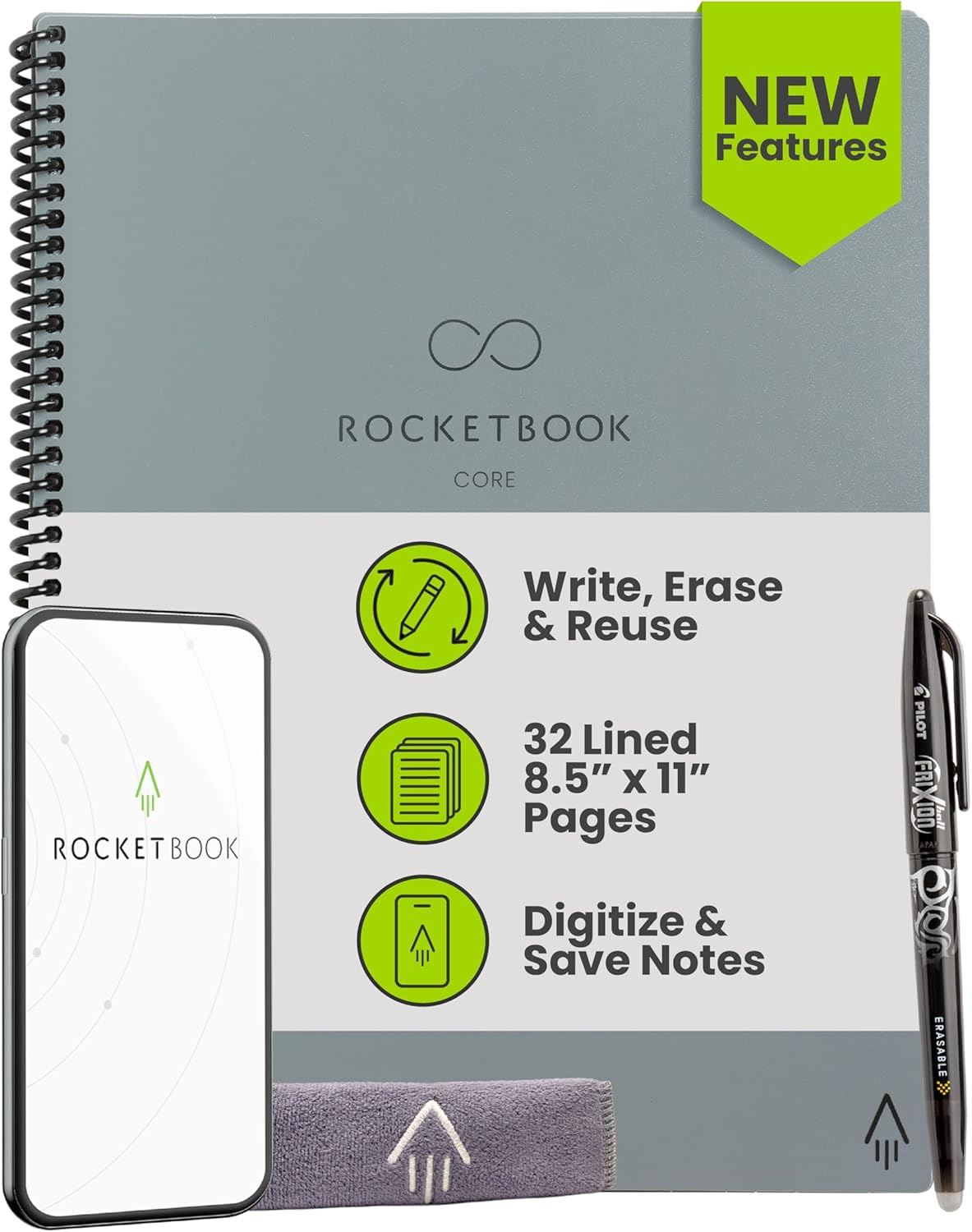 Rocketbook Core Cuaderno Inteligente Reutilizable Tamaño Carta 8.5x11 con App Digital – Libreta Ecológica Borrable con Páginas Rayadas - Gris Premium