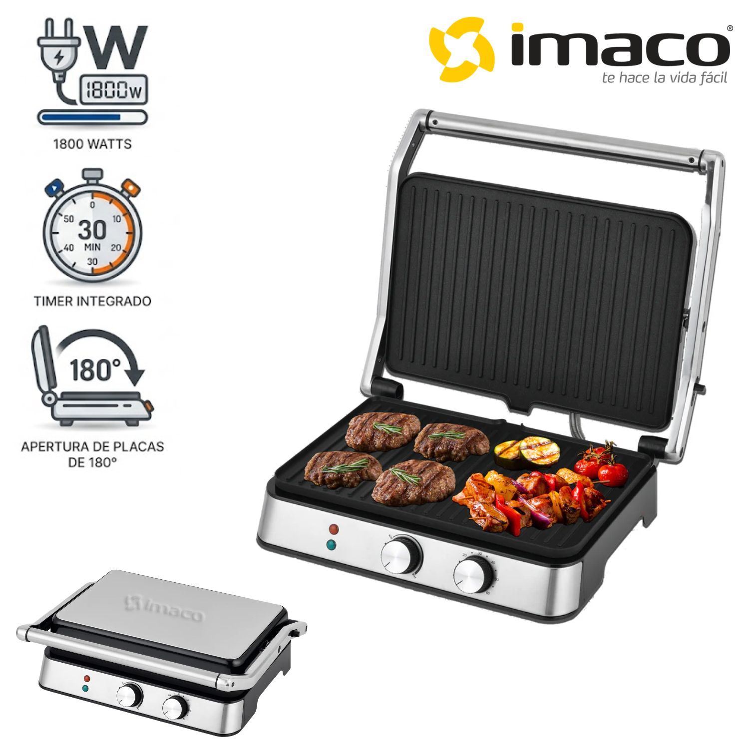 Grill Panini Imaco IG 3423 Tamaño XL con perilla para Temperatura y Timer