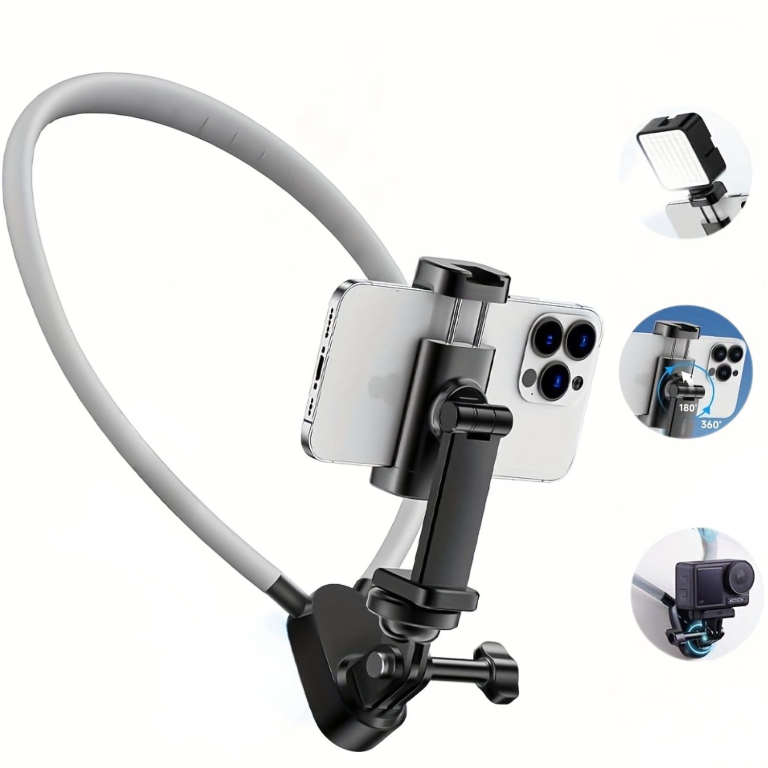 Soporte de cuello para celular y cámara de acción con ajuste 360°, grabación POV manos libres y correa antivibración