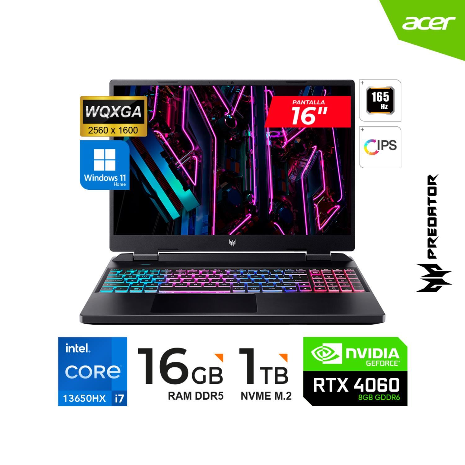 Laptop Gamer Acer Predator Helios Neo 16"-Intel i7 13650HX - 8GB-RTX 4060/16GB RAM/Sólido 1TB/Windows 11