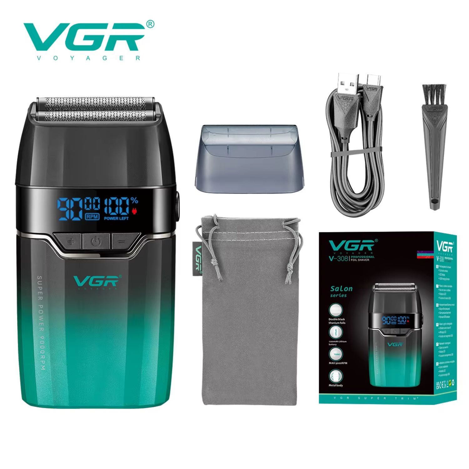 Afeitadora Profesional VGR V-308 Eléctrica 9000 RPM Recargable con Láminas de Titanio Negro, Uso Con Cable e Inalámbrico