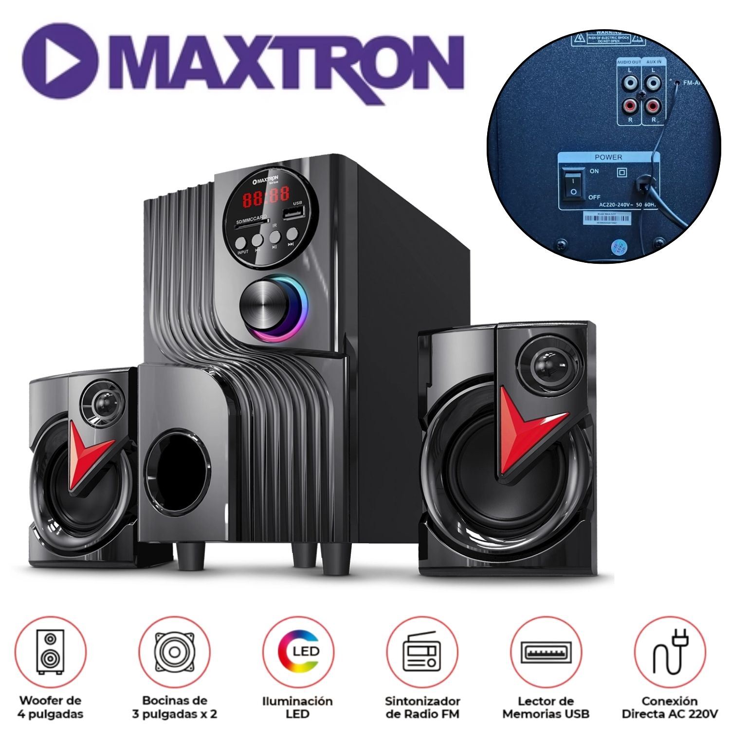 Parlante 2,1 Maxtron MAX S201 Sirius Subwoofer 4" USB BT AUX