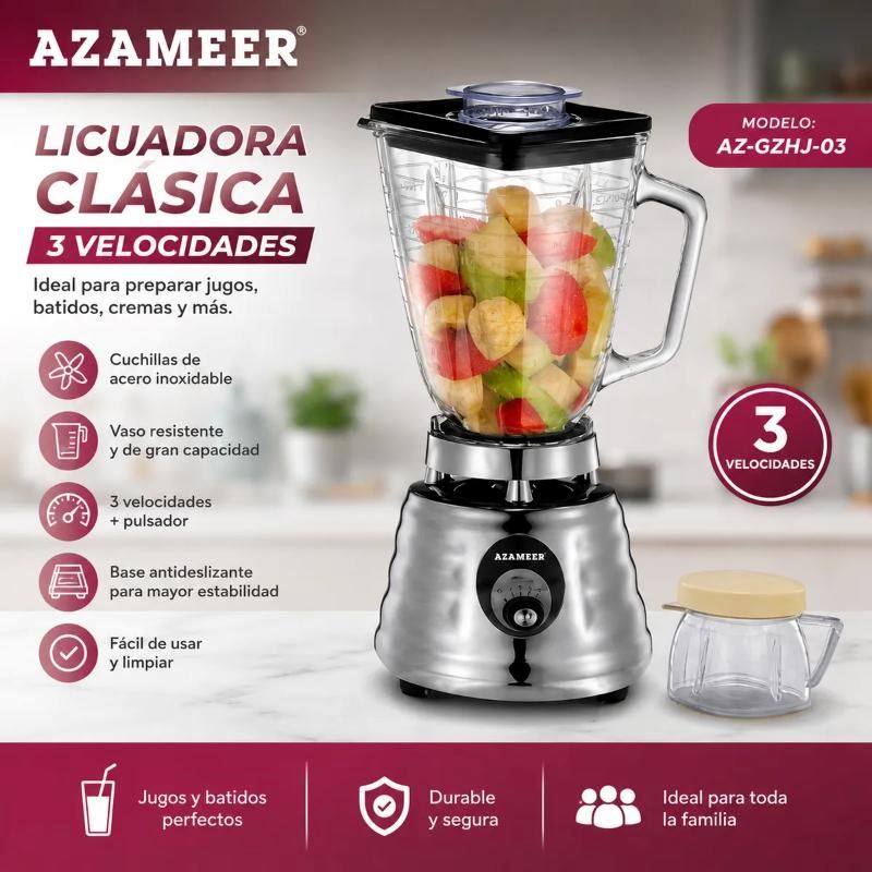 Licuadora Clásica Azameer 3 Velocidades AZ-GZHJ-03 Vaso Resistente Multifunción