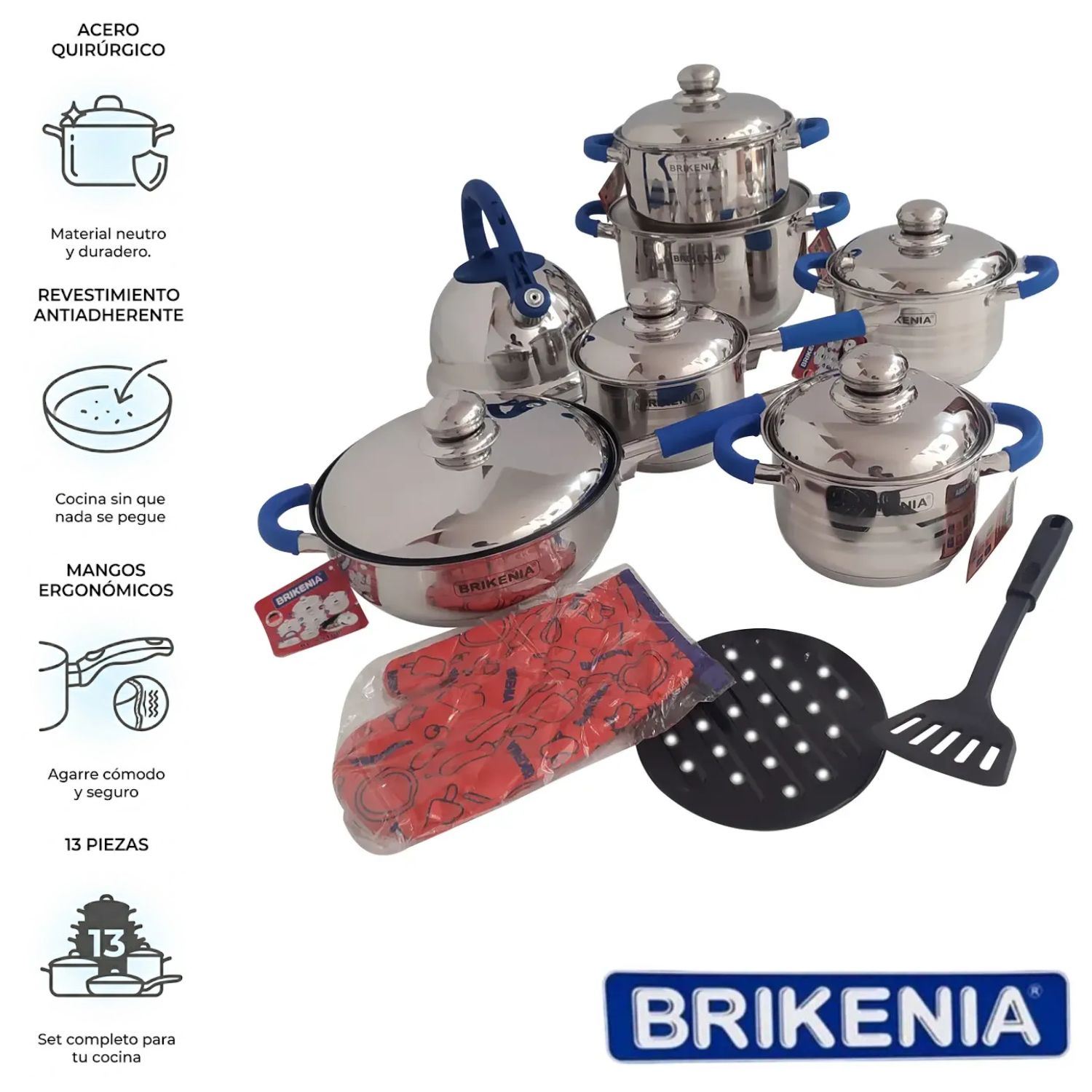 Juego De Ollas Brikenia 13 Piezas En Acero Quirúrgico Con Tetera Silbadora Color Aleatorio