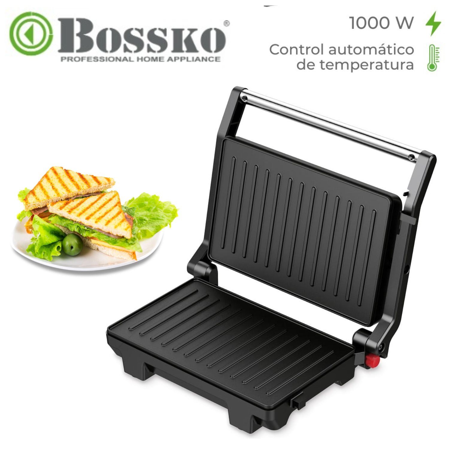 Mini grill Panini Bossko BK-435GP Antiadherente 1000w Negro