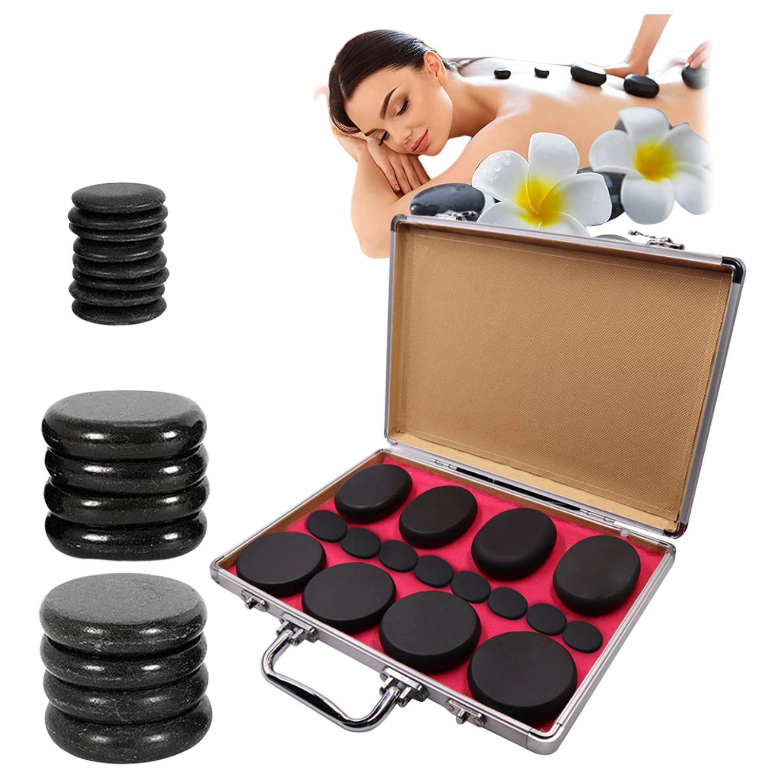 Kit de Piedras Calientes Volcánicas 16 Pzs con Maletín Eléctrico Para Masajes Spa Relajantes y Terapéuticos en Casa o Negocio