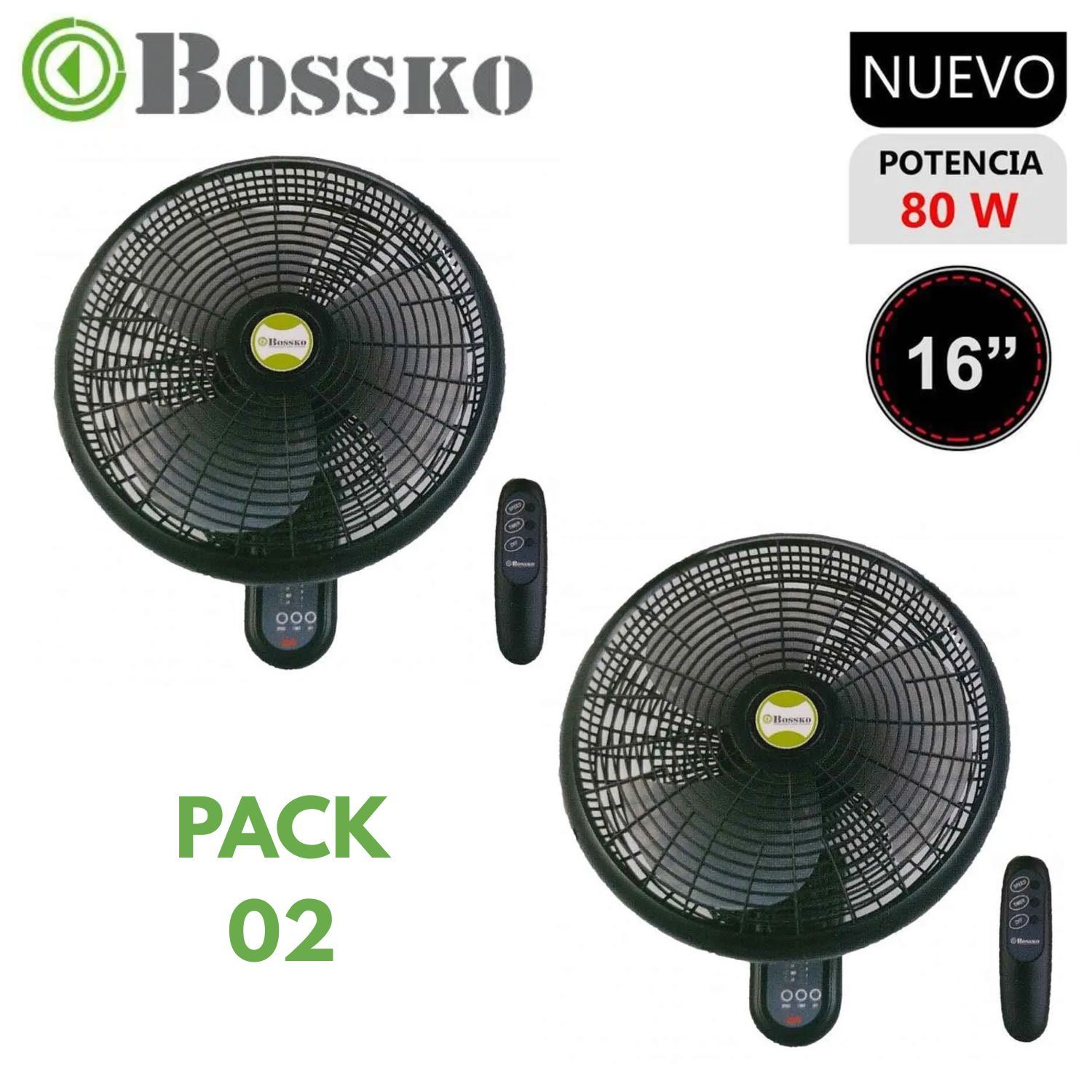 Pack 02 unidades Ventilador Pared Bossko BK 8210 80 Watts con Control Negro
