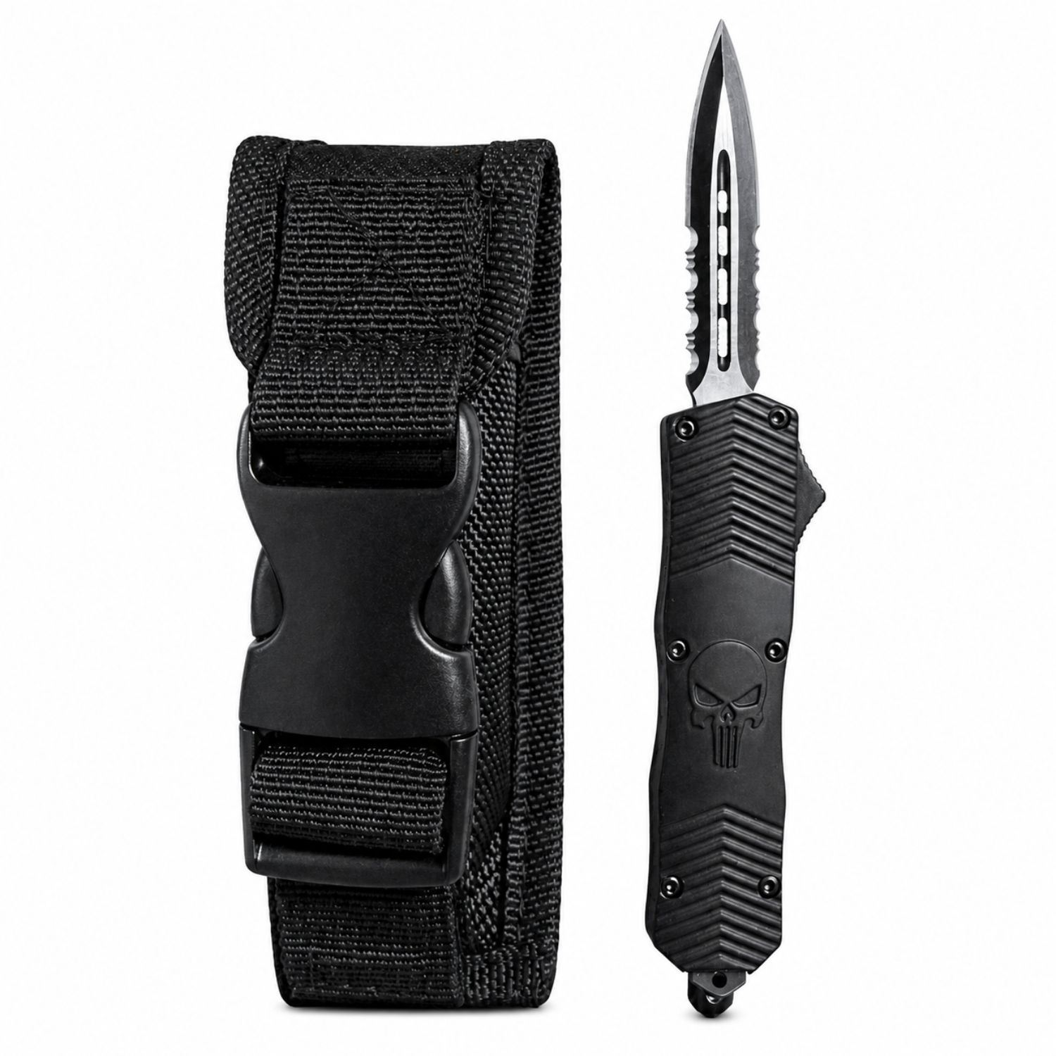 Cuchillo Automático Profesional Con Hoja De Acero Rompe Cristales Funda Táctica Y Diseño Militar