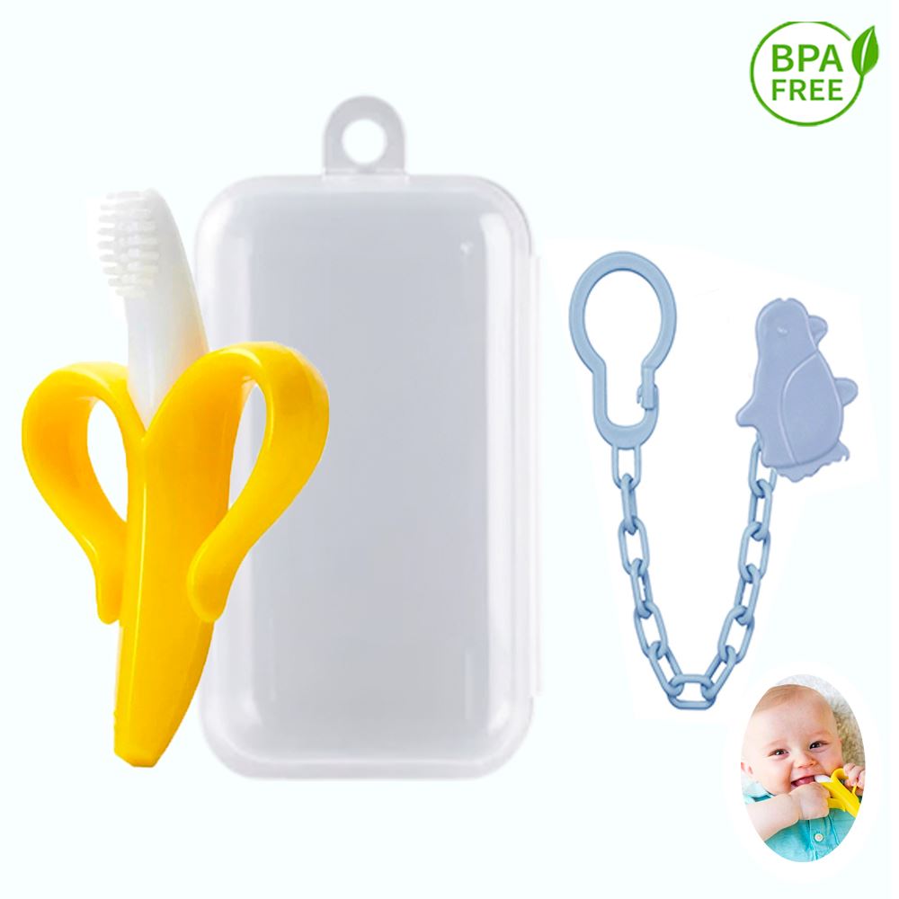 Mordedor Banana Amarillo Con Cadena Baby Froggie Pinguino Azul Para Bebe