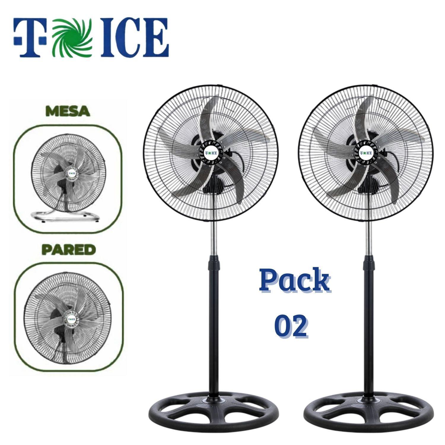 Pack 02 Ventiladores T-ICE 75 Watts 5 Aspas 3 en 1 Pedestal, Mesa y Pared