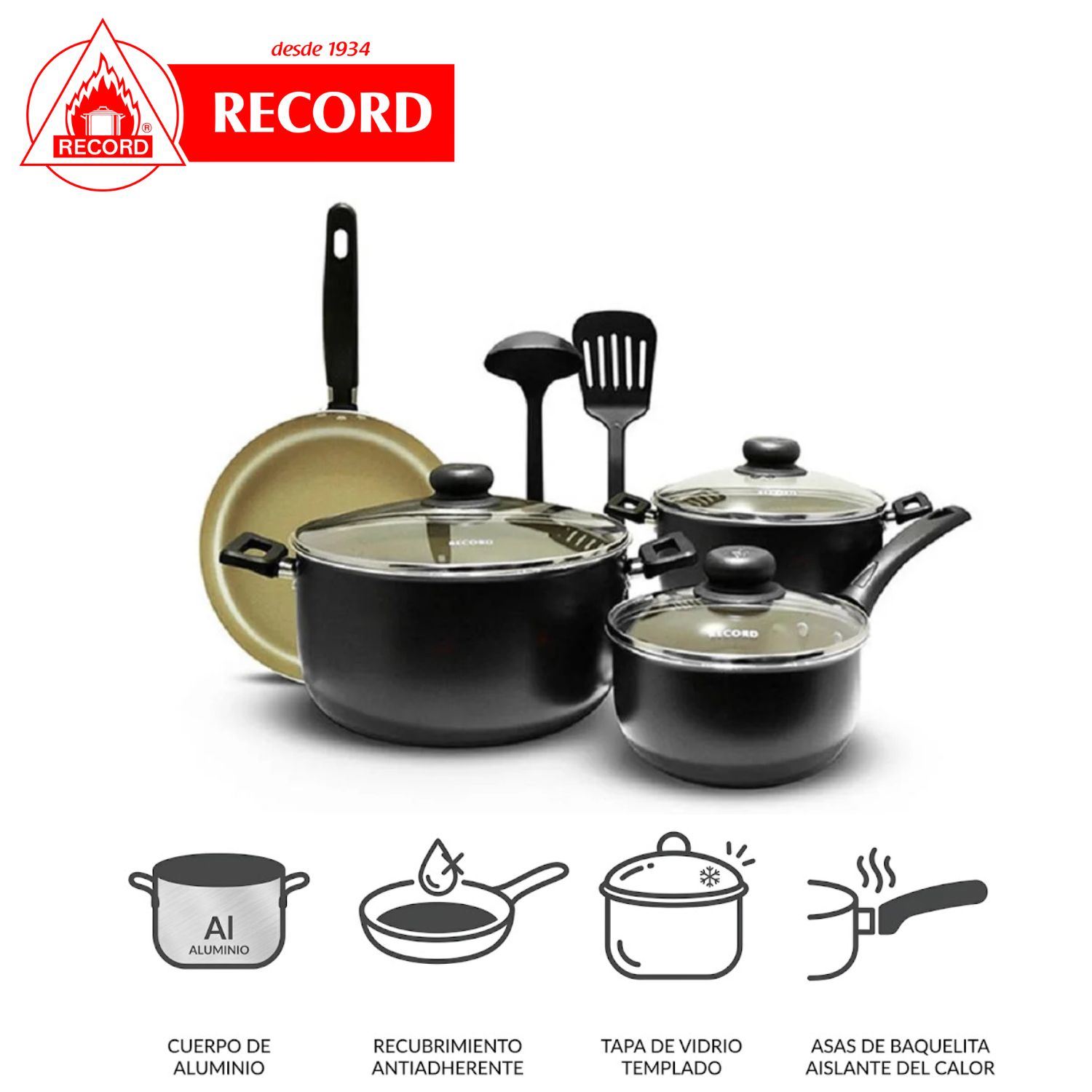 Set de ollas Record RE9290093750 9PZS Antiadherente Negro