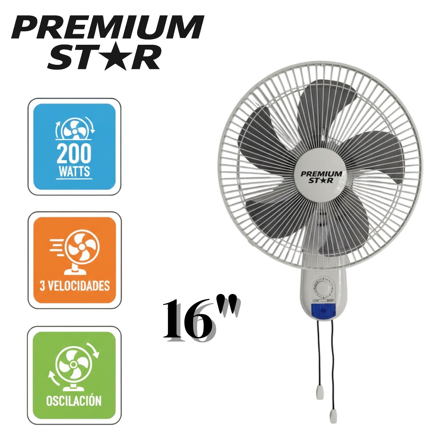 Ventilador de Pared Premium Star FS 40 16 Pulg 200W Blanco con Cuerda