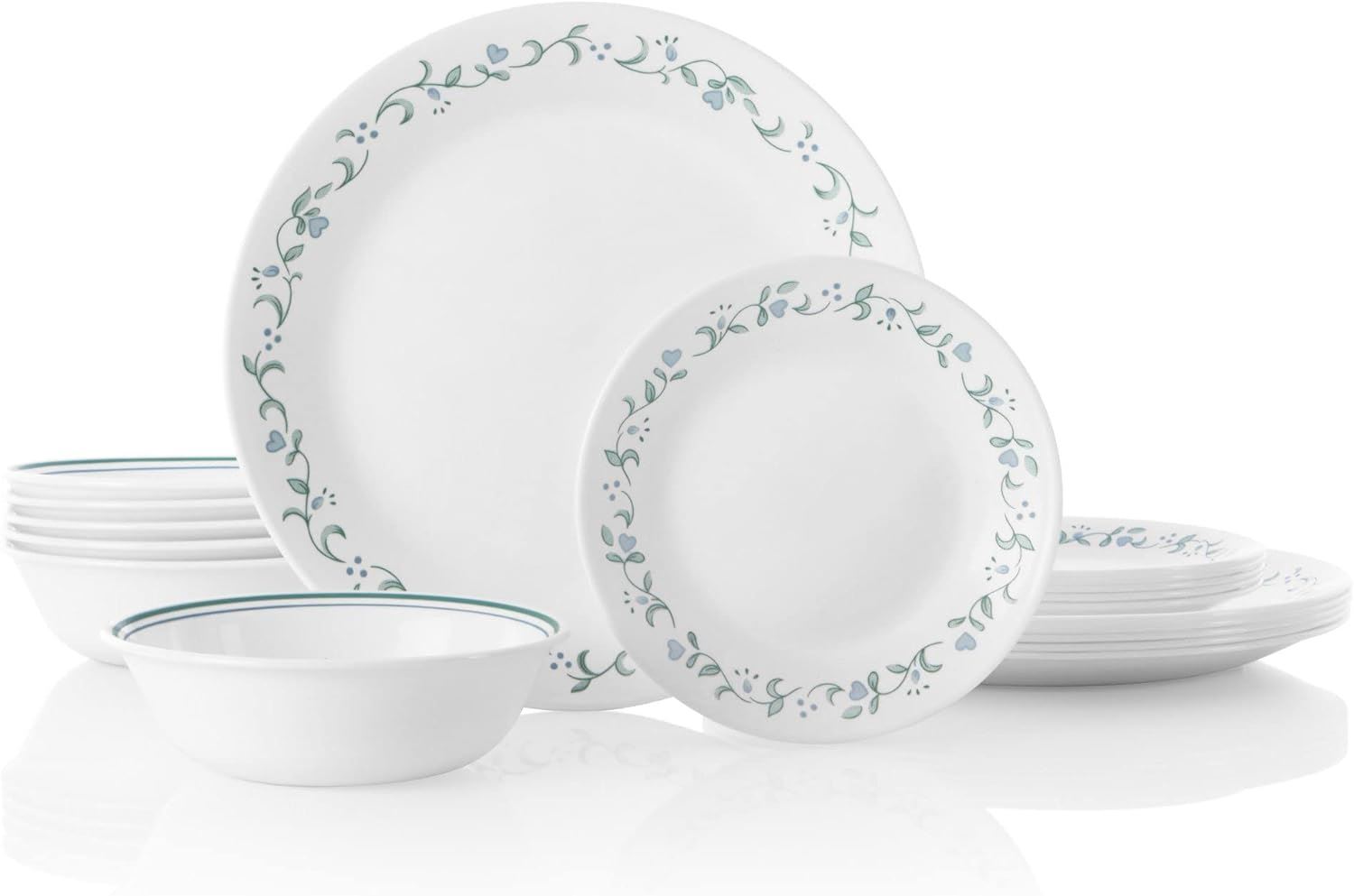 Corelle Vitrelle Juego de Vajilla de 18 Piezas para 6 Personas – Platos y Bowls de Vidrio Triple Capa Resistentes a Golpes y Grietas - Country Cottage
