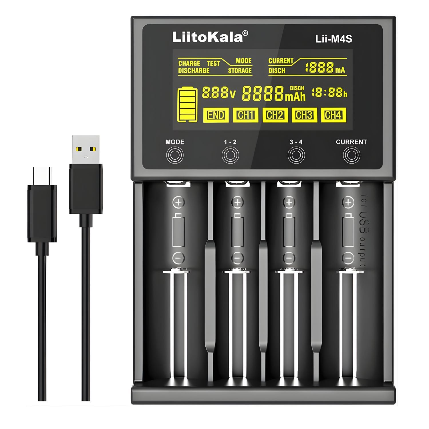 Cargador Universal LiitoKala Lii-M4S 4 Bahías para Baterías 18650 26650 21700 AA AAA con Pantalla LCD