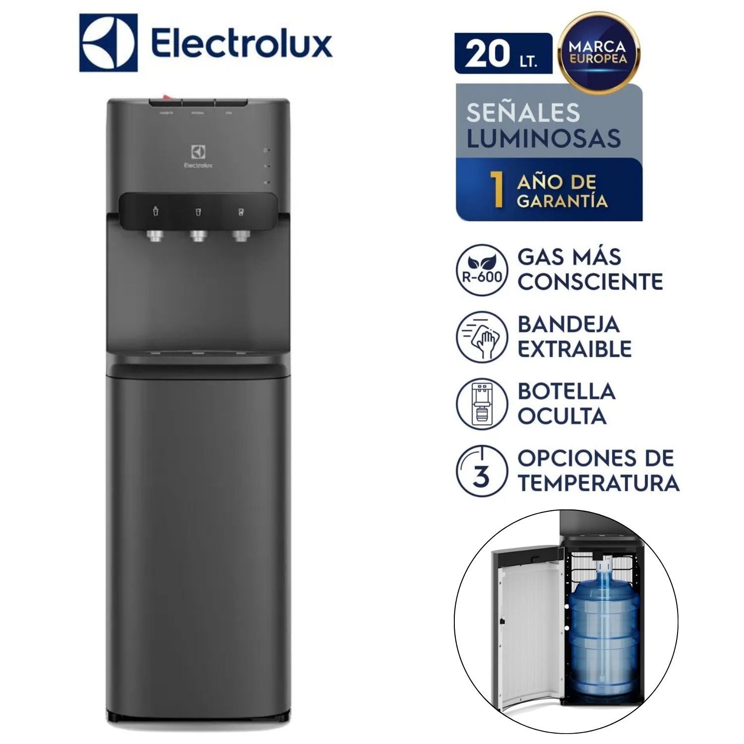 Dispensador ELECTROLUX De Agua Botellón Oculto Ed30srbl Color Grafito