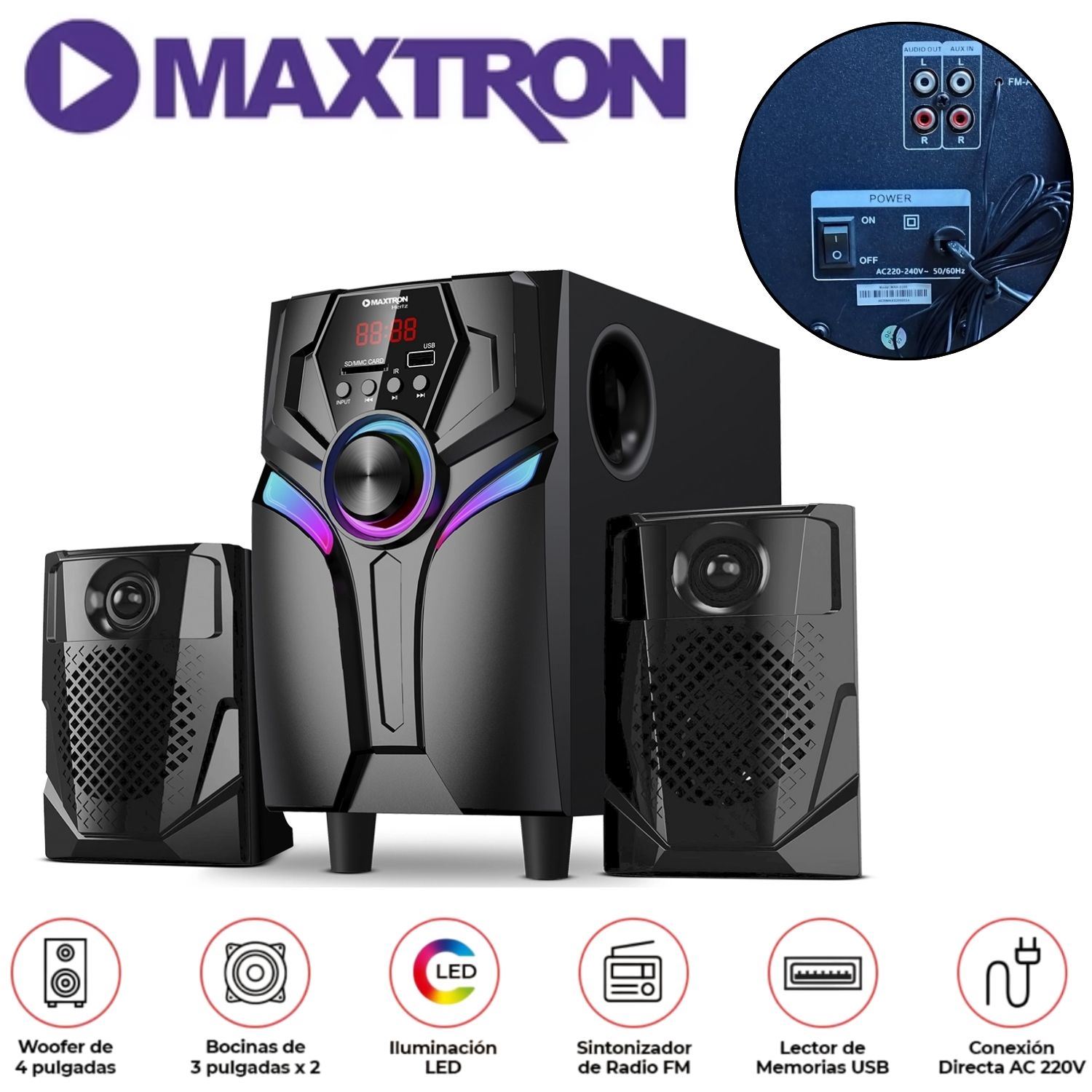Parlante 2,1 Maxtron MAX S200 Hertz Subwoofer 4"  USB BT AUX