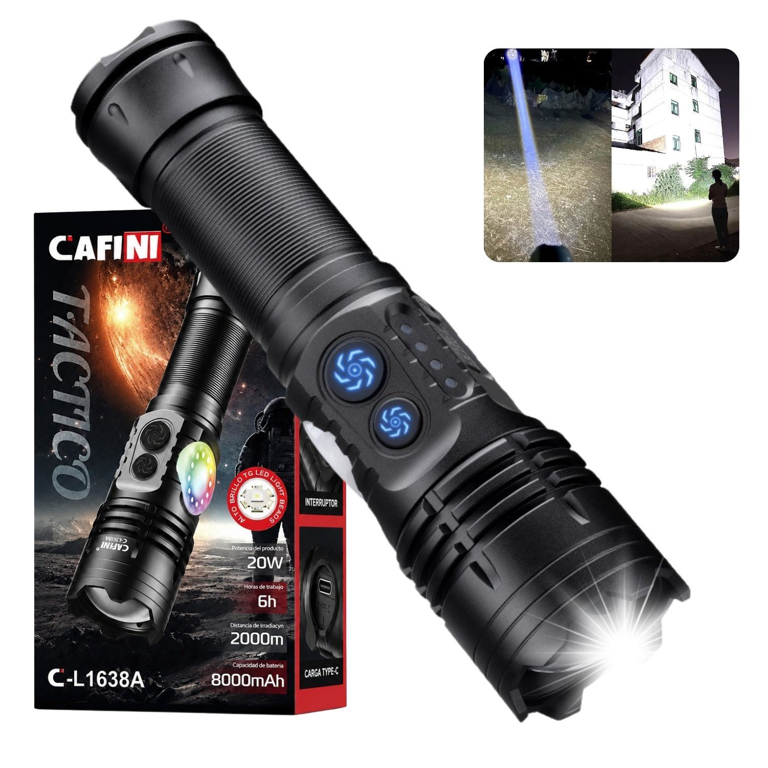Linterna LED Táctica Profesional CAFINI C-L1638A 20W Recargable Zoom Ajustable USB-C 8000mAh Largo Alcance