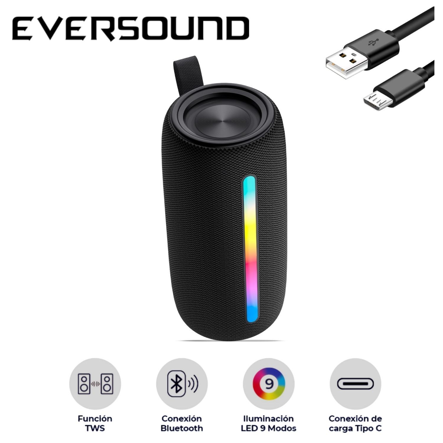 Parlante Eversound EV 502 Oxford BT USB TWS Luces RGB 3.7V/2400MAH