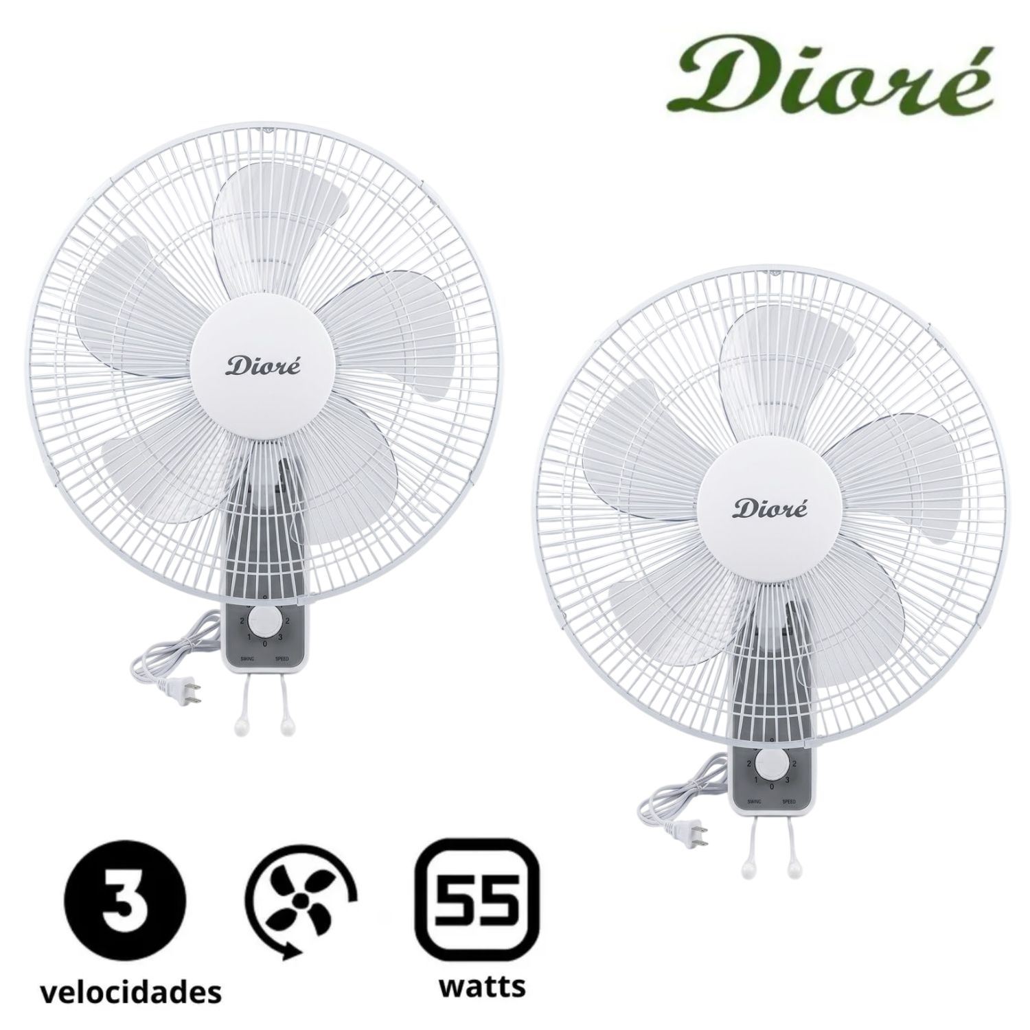 Pack 02 Ventilador de pared Dioré MWF 1605 3 velocidades 5 aspas 55 W Blanco