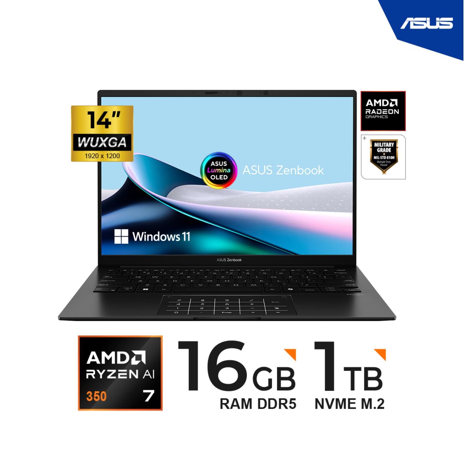 LAPTOP ASUS ZENBOOK UM3406KA-QD092W 14" WUXGA OLED Ryzen AI 7 350 2.0/5.0 GHz 16GB LPDDR5X 1TB WINDOWS 11 HOME 64 BITS