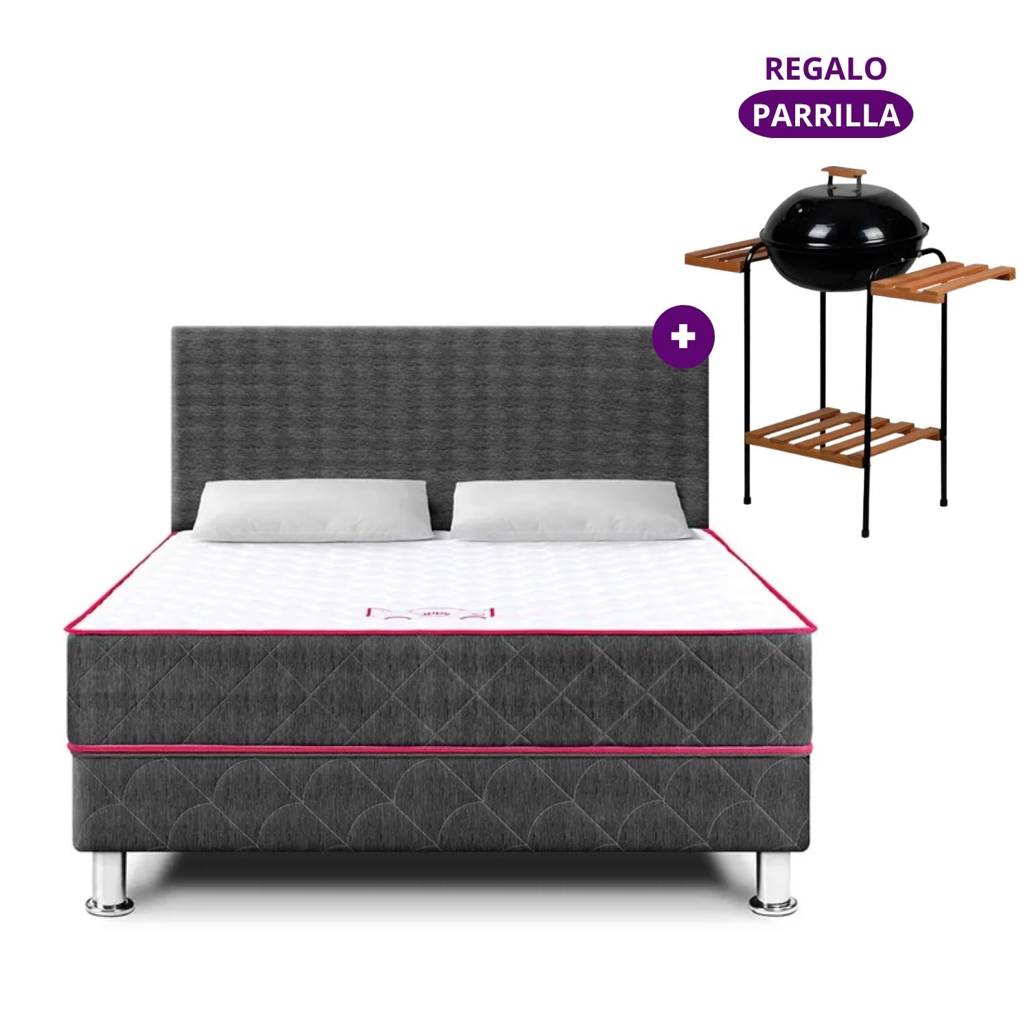 Juego de dormitorio Paraíso Nappy 2PLZ + 2 Almohadas + Protector de colchón + Parrilla Grill Mr.Grill con Madera