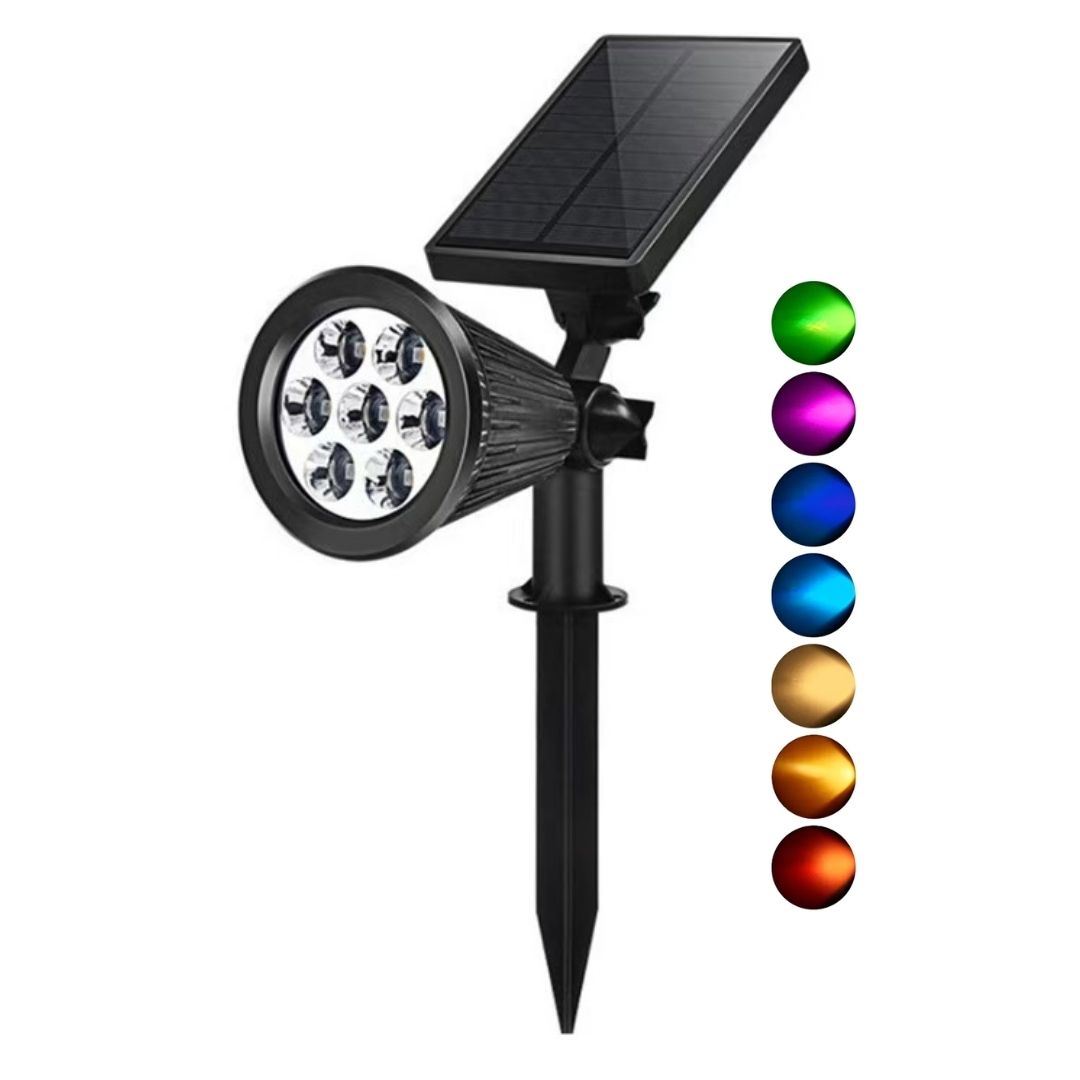 Foco Solar LED RGB 7 Luces Impermeable con Estaca y Montaje en Pared