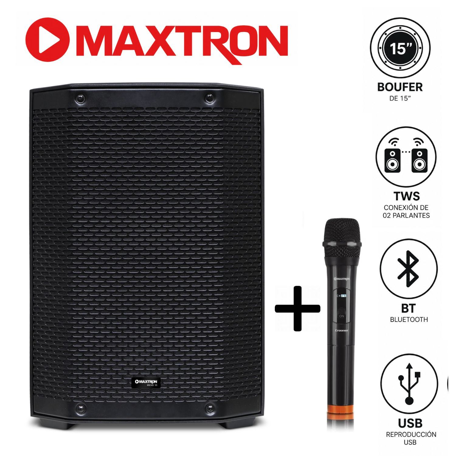 Promo Maxtron Parlante REVO MXT 8115 + Microfono MX 758 Inalambrico