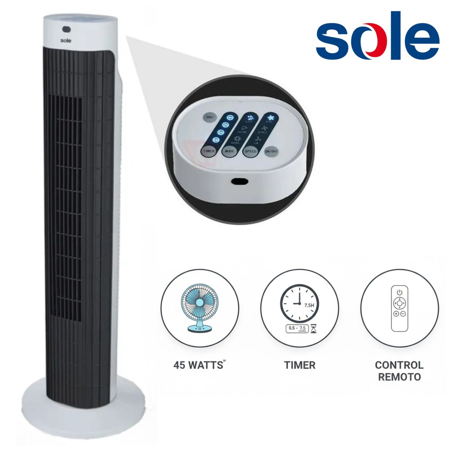 Ventilador Torre Timer Sole SOLAIR019 76cm con Control Remoto
