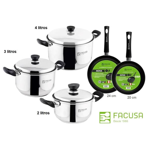 Juego de Ollas 6 piezas Acero Inoxidable Facusa con 2 sartenes