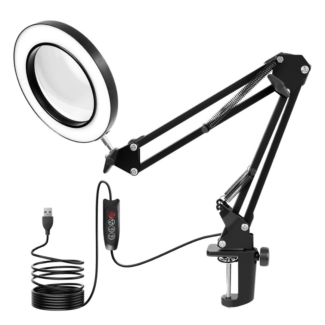 Lámpara Lupa LED 10X con Brazo Articulado, 10 Niveles y 3 Colores USB
