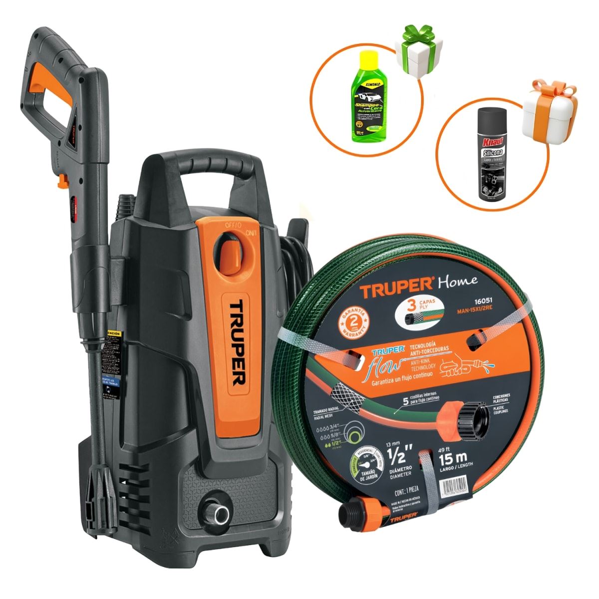 Hidrolavadora Eléctrica 1500PSI + Manguera 15m Truper + Shampu + Silicona