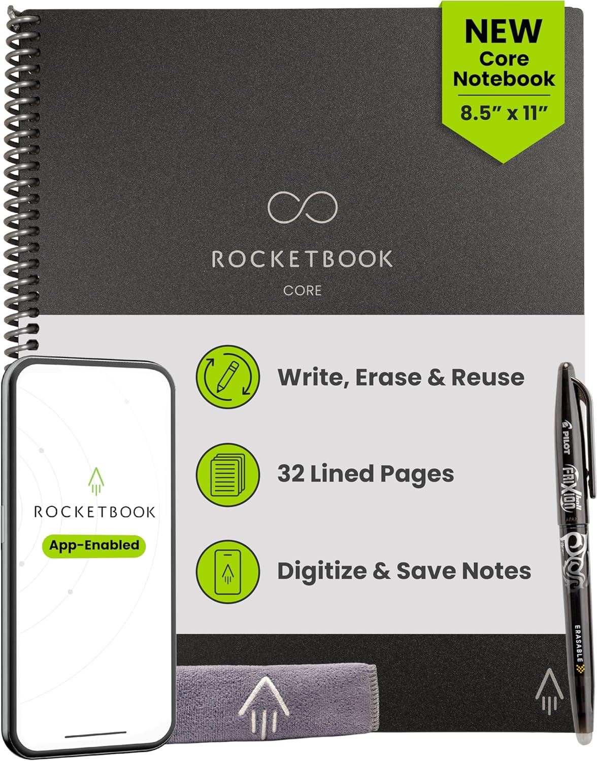 Rocketbook Core Cuaderno Inteligente Reutilizable Tamaño Carta 8.5x11 con App Digital – Libreta Ecológica Borrable con Páginas Rayadas - Negro