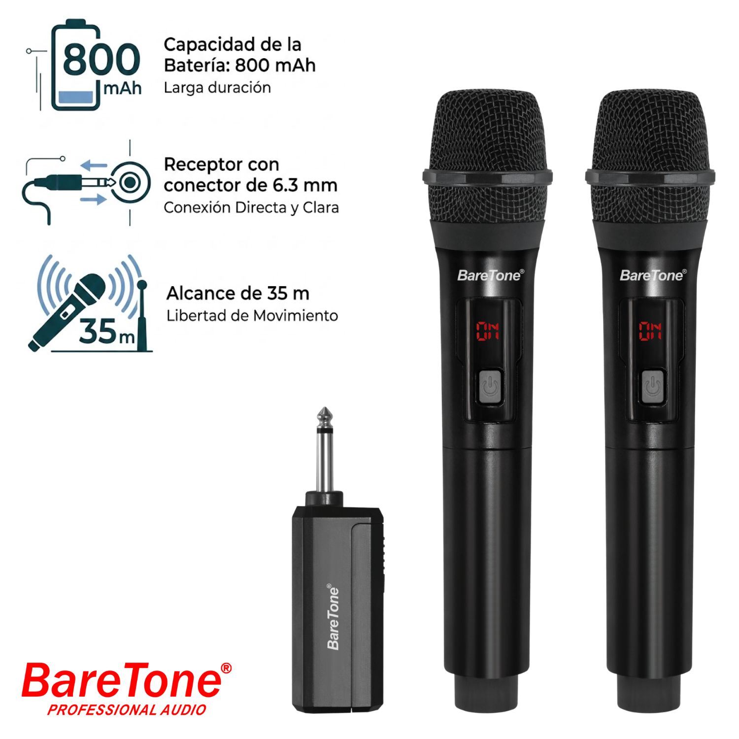 Pack de 02 Micrófono Inalámbrico Baretone WM2402 Alcance 35 metros Plug Jack 6.3 mm