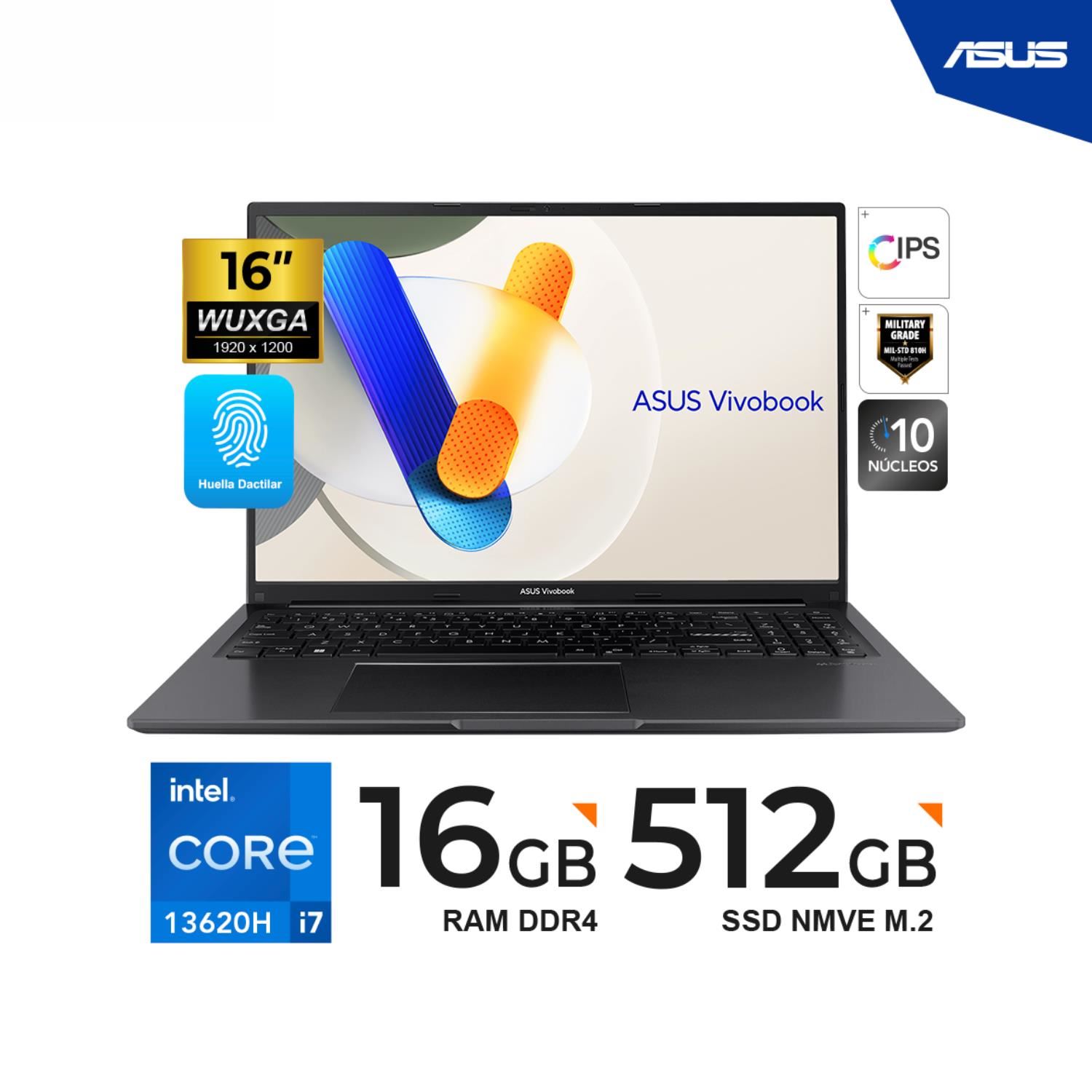 LAPTOP ASUS VIVOBOOK 16 16" WUXGA IPS Core I7-13620H 2.4Ghz/4.90GHz 16GB DDR4 512GB SSD Freedos