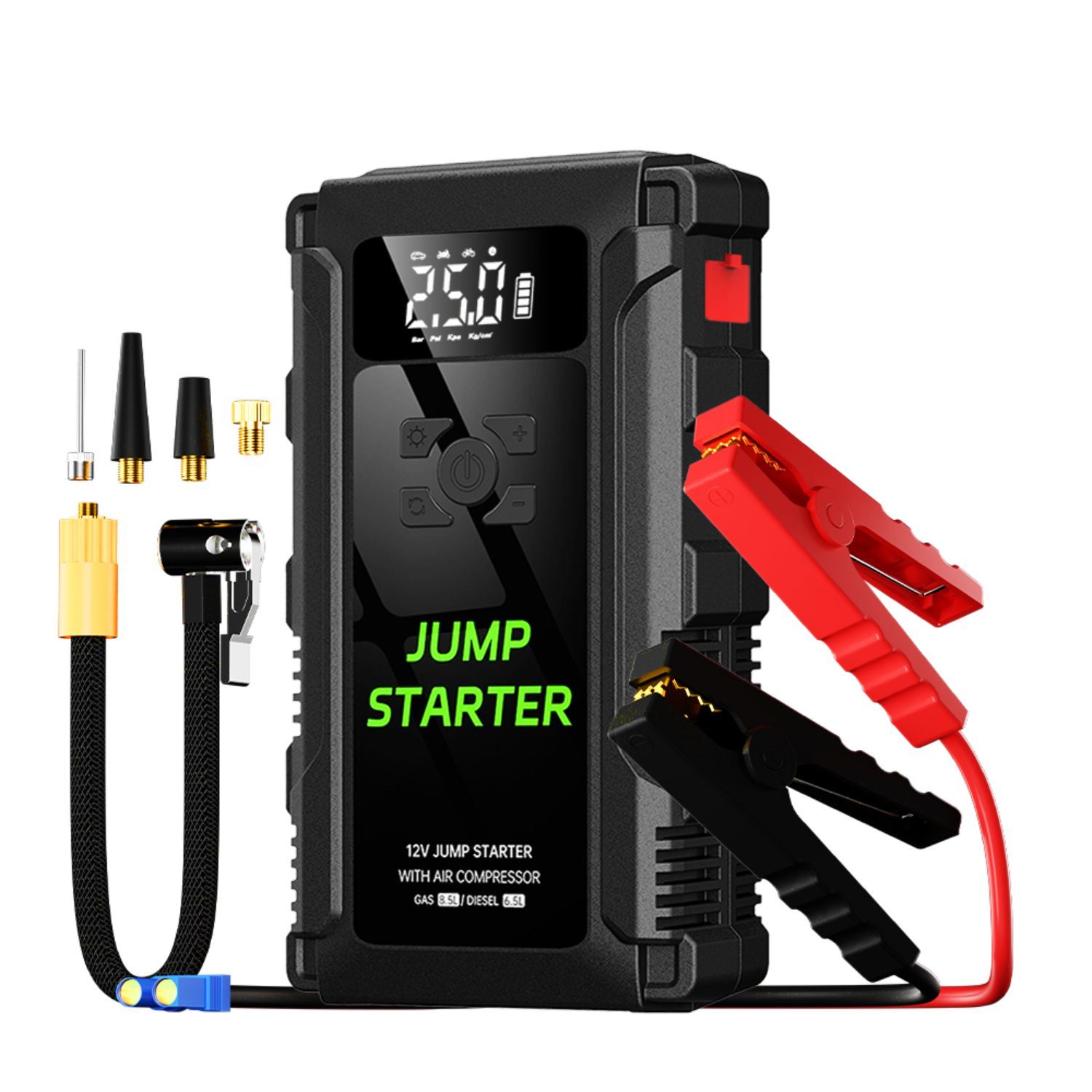 Arrancador de Batería 12V para Auto con Compresor de Aire, Linterna LED y Power Bank USB