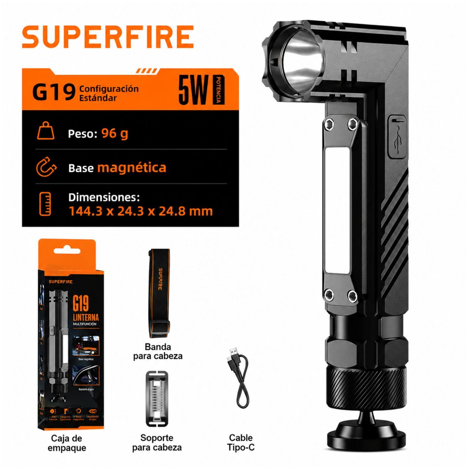 Linterna Frontal Recargable USB C Con Base Magnética Giratoria Cabezal Ajustable 90° Y Luz COB LED