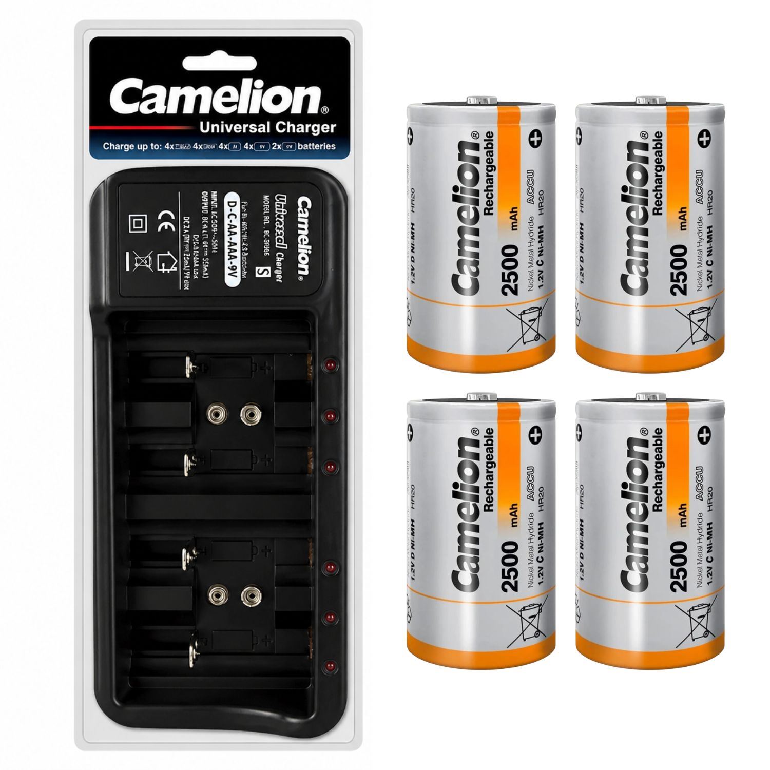 Cargador Universal Para Pilas Recargables AA AAA C D 9V Incluye 4 Pilas Tipo D NiMH 2500mAh Camelion