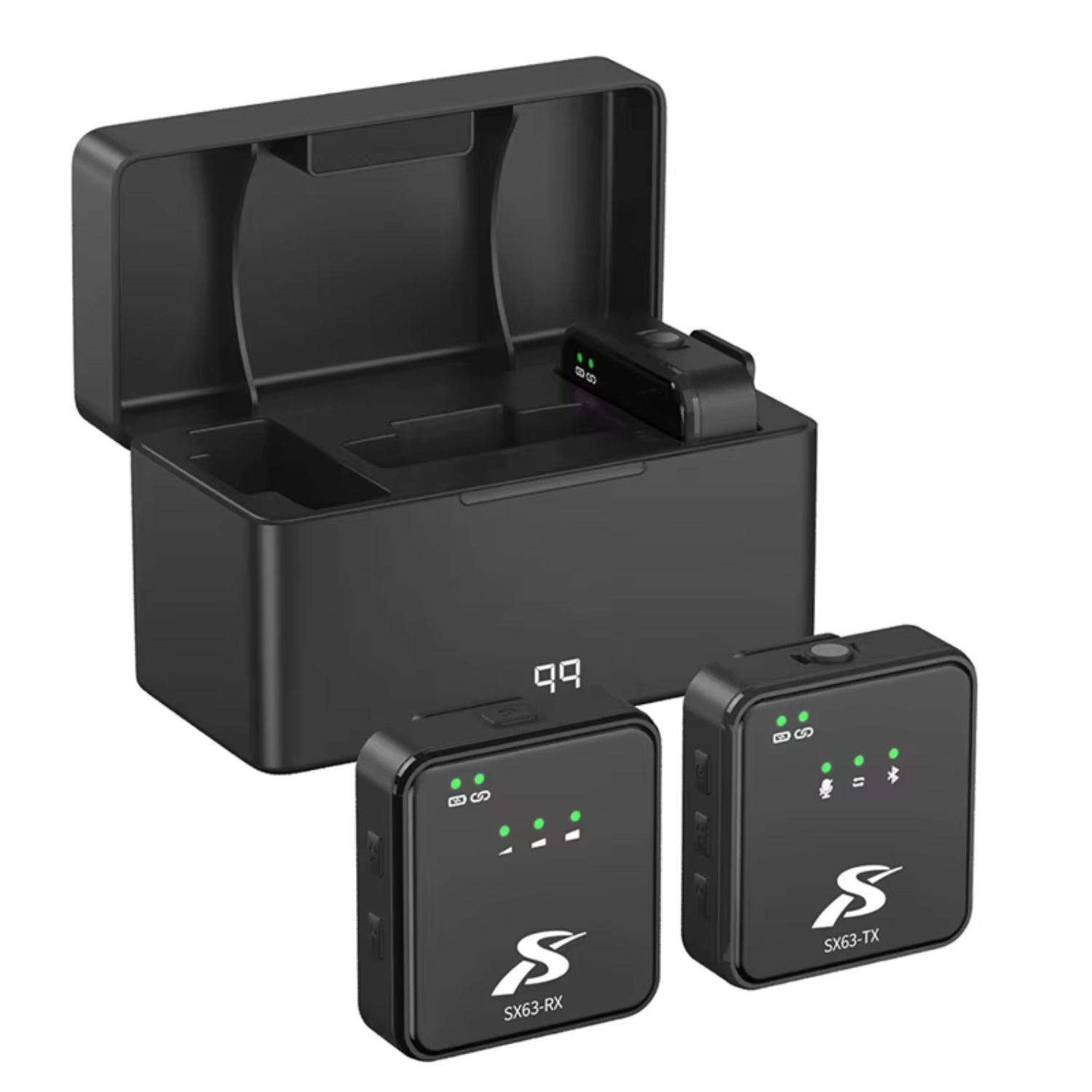 Micrófonos Inalámbricos Lavalier SX63 4 en 1 para Celular iPhone Android Cámaras Base de Carga 42 Horas Profesional