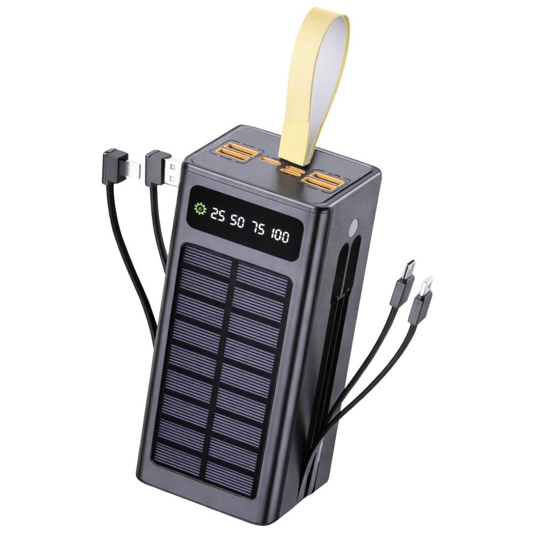 Power Bank Solar 50000 mAh con Carga Rápida PD 22.5W, Cables Integrados Tipo C y Lightning