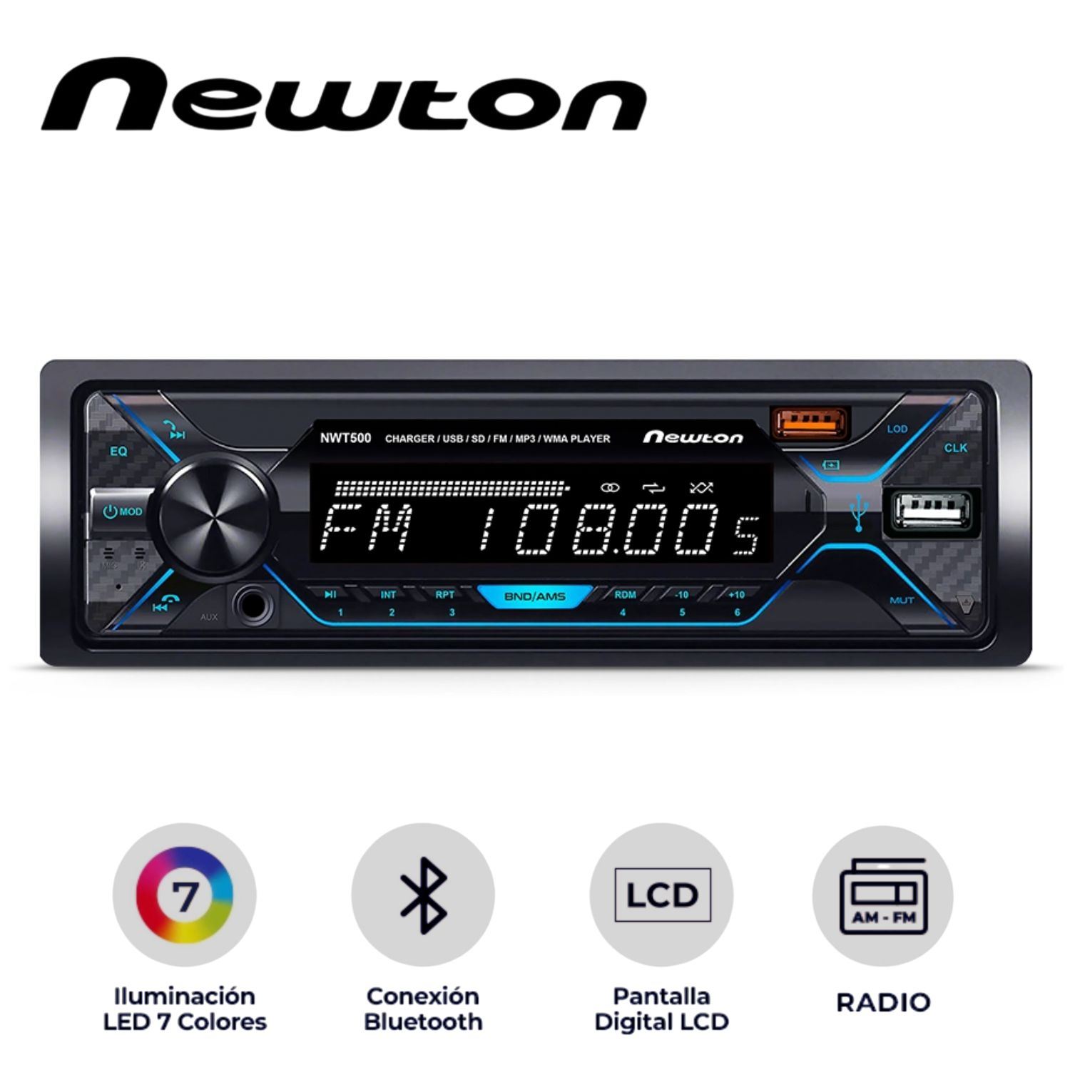 Autoradio Newton Viper NWT 500 con Máscara Extraíble luces LED de 7 Colores
