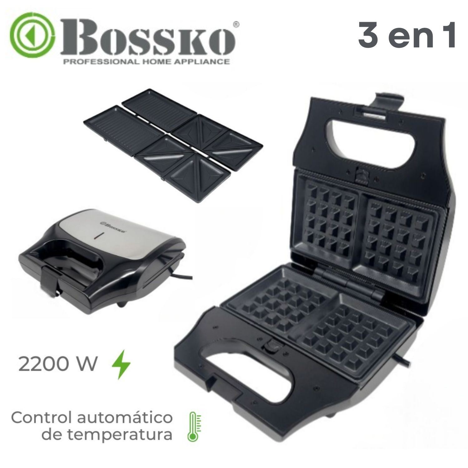 Waffles Bossko Intercambiables para Sandwichera y Grill  3 en 1 Negro