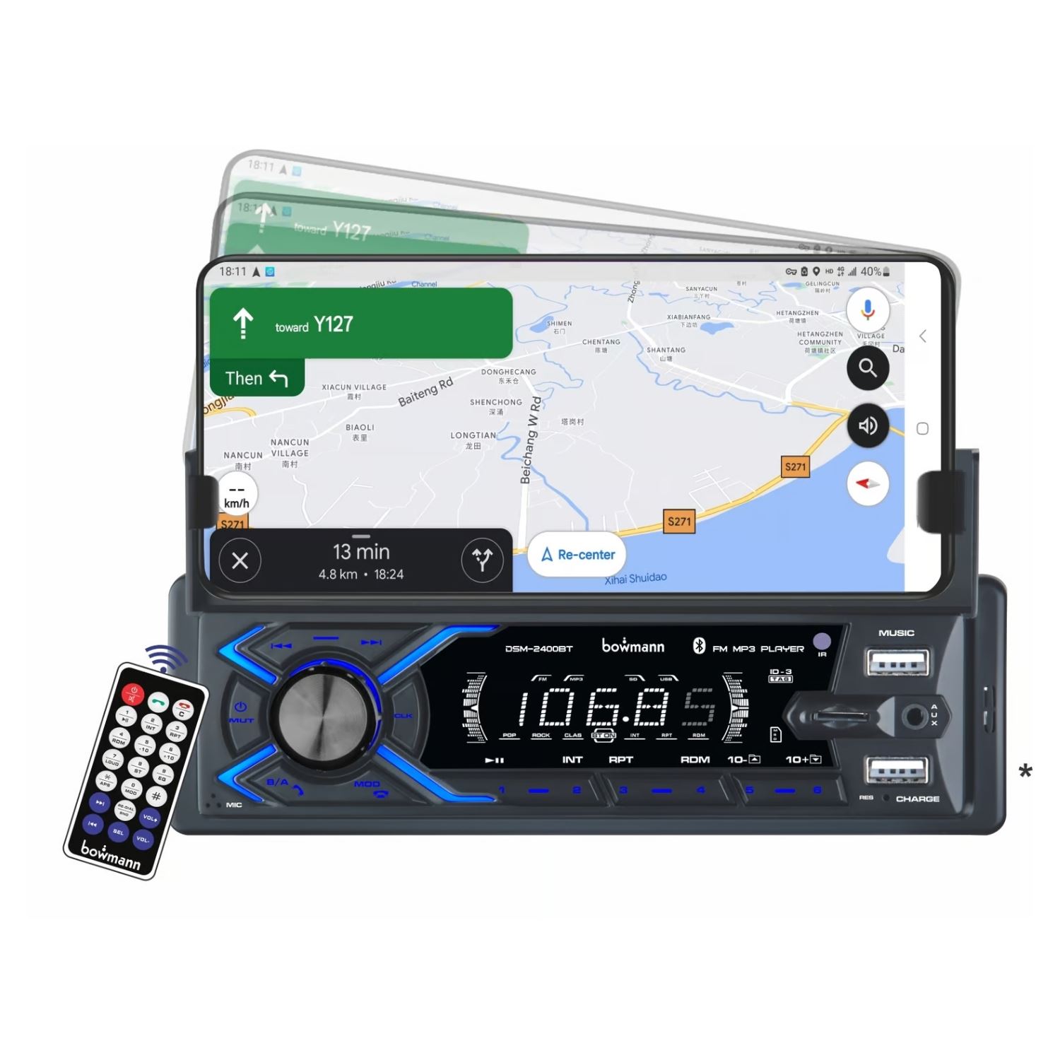 AUTORADIO 1 DIN BLUETOOTH MP3 USB CON SOPORTE CELULAR DSM-2400BT