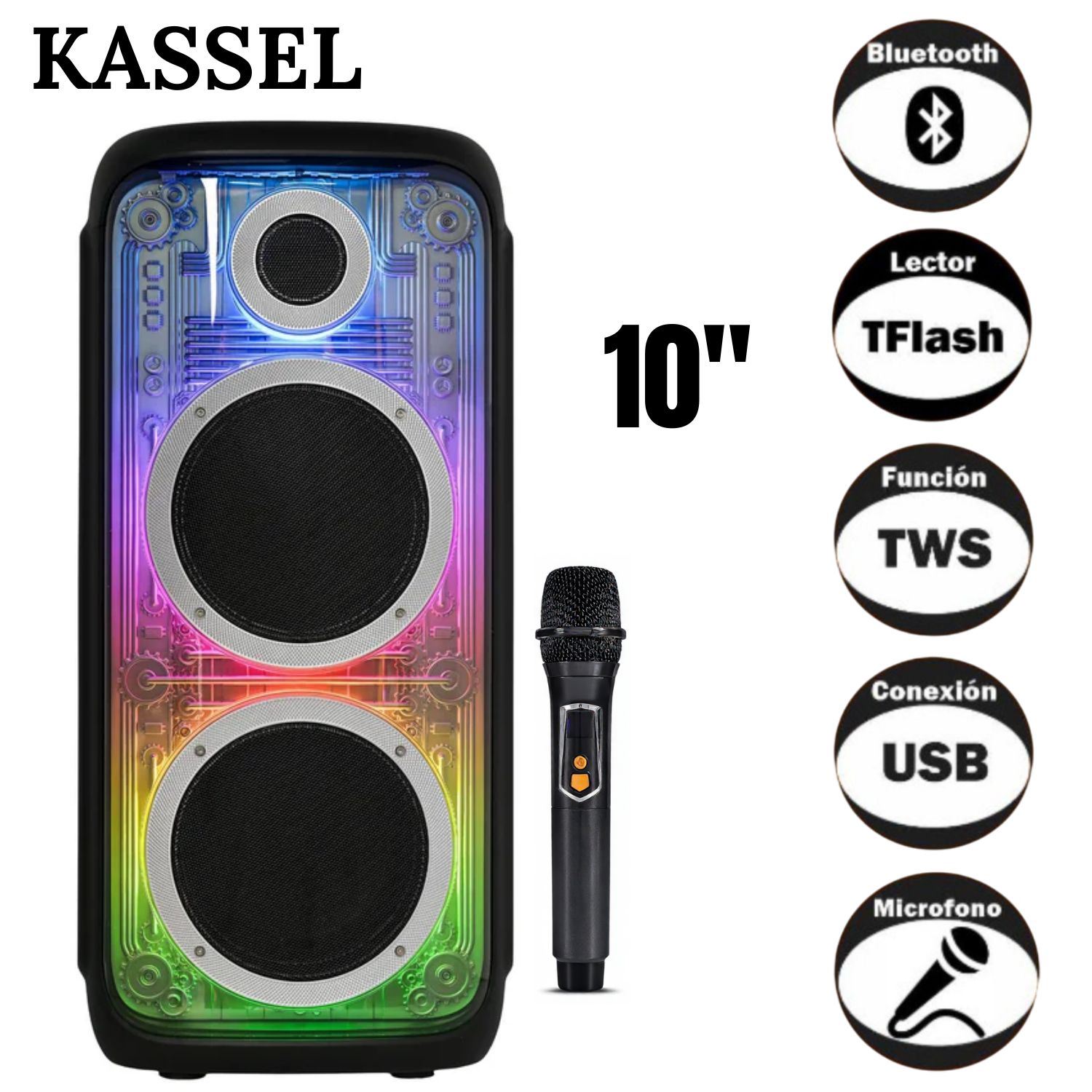 Parlante Torre Portátil Kassel K2103 02 Boufer de 10 Pulgadas Luces RGB