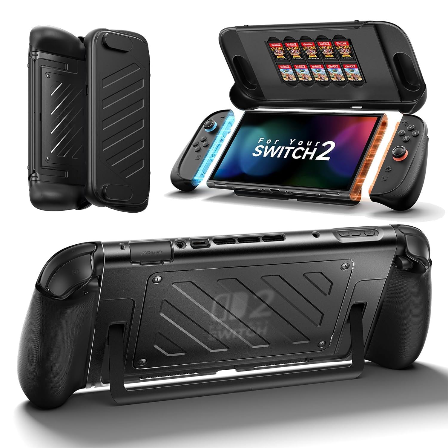 Funda JSAUX para Nintendo Switch 2 con Grip Ergonómico, Tapa Frontal y Almacenamiento para 10 Juegos - Negro