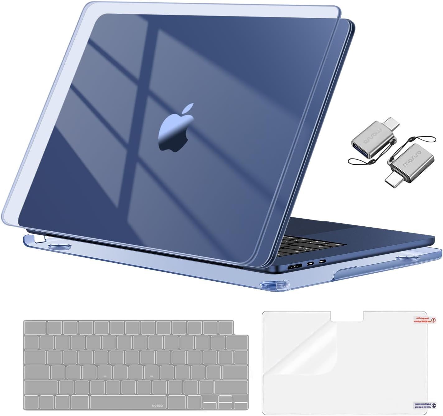 Funda MacBook Air 13.6” M5 M4 M3 M2 (2022-2026) Kit Completo – Case + Protector Teclado + Mica + Adaptador USB - Midnight Clear