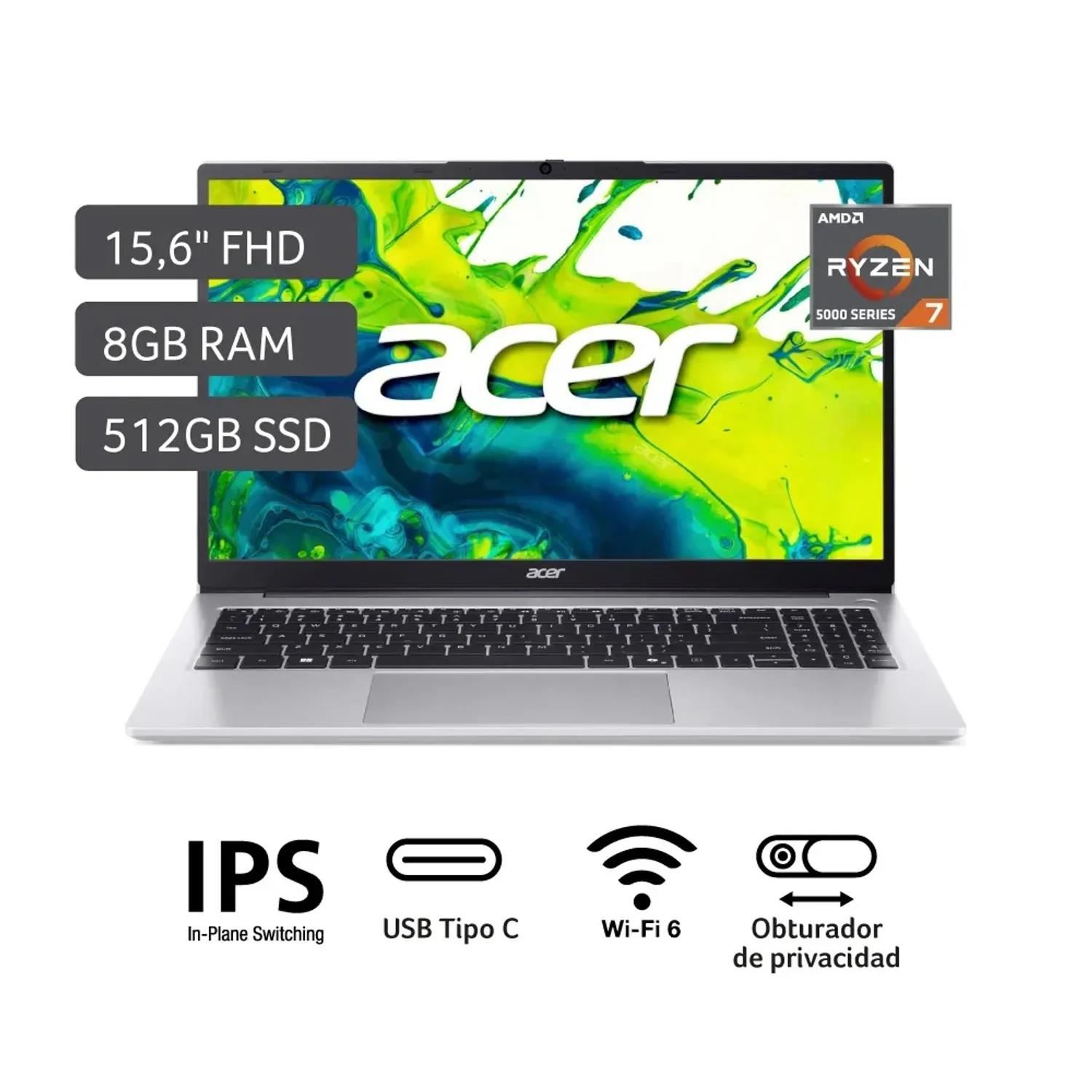Laptop Acer Aspire AL15-43P-R8W7 Amd Ryzen 7 5825U 8Gb Ram 512Gb Ssd Pantalla 15.6" Fhd Windows 11