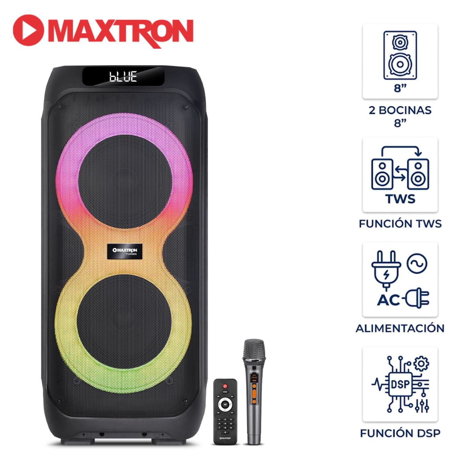 Torre de Sonido Maxtron Mx 807 Furore 02 Bocinas 8 pulgadas 01 Micro Función DSP