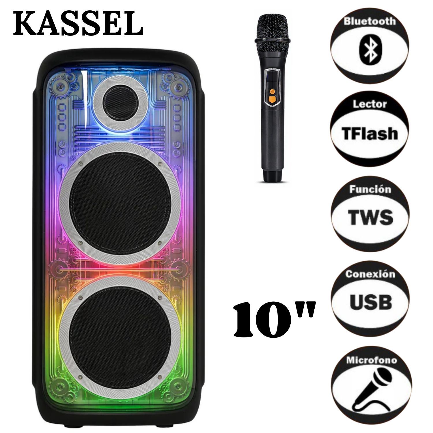 Parlante Torre Portátil K2103 USB BT TWS LUCES RGB Micrófono