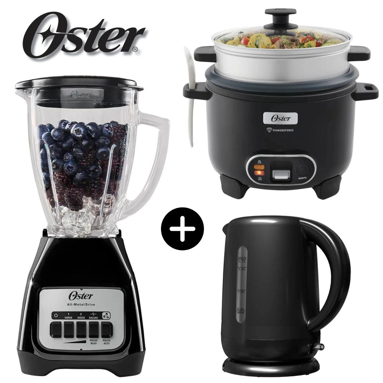 Tricombo Negro Oster Licuadora 800 W +Arrocera 1,8Lt+Hervidor de 1,7 Litros